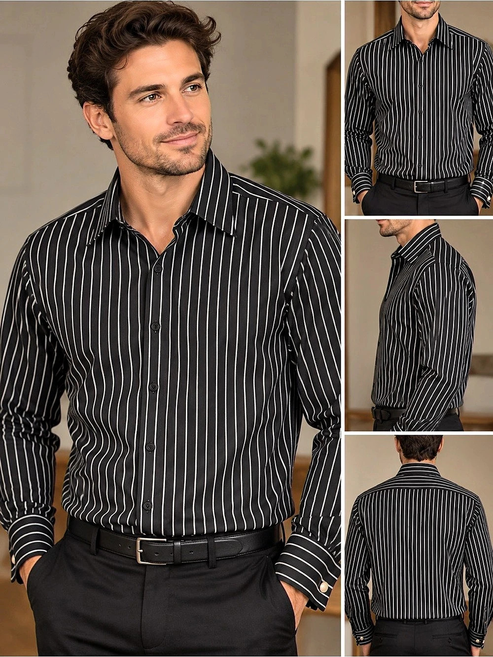 Lucasini Men's Striped Dress Shirt Black & White Size 15 1/2 NWT